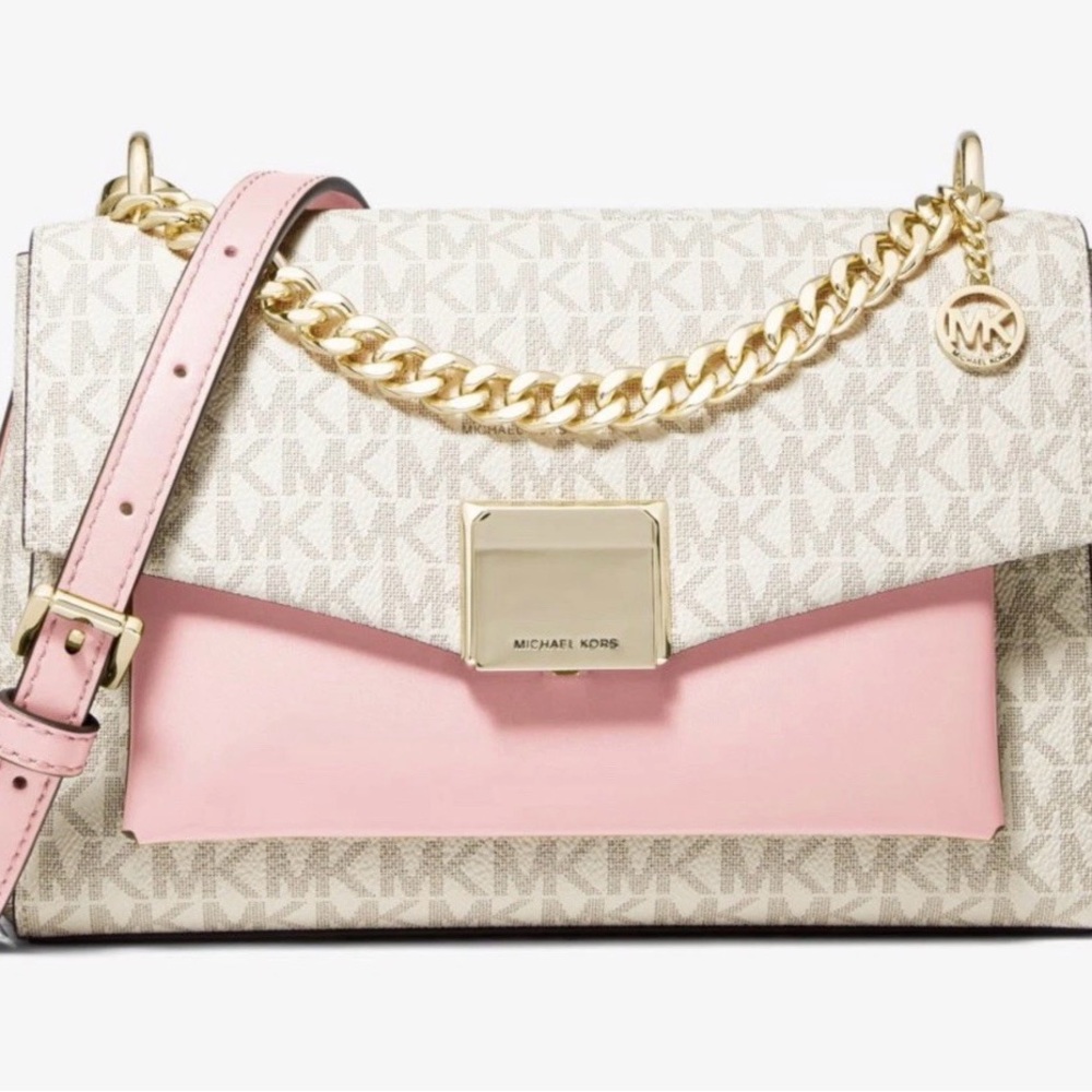 Michael Kors Pale Pink & Signature MK Canvas Shoulder Bag with Gold Chain